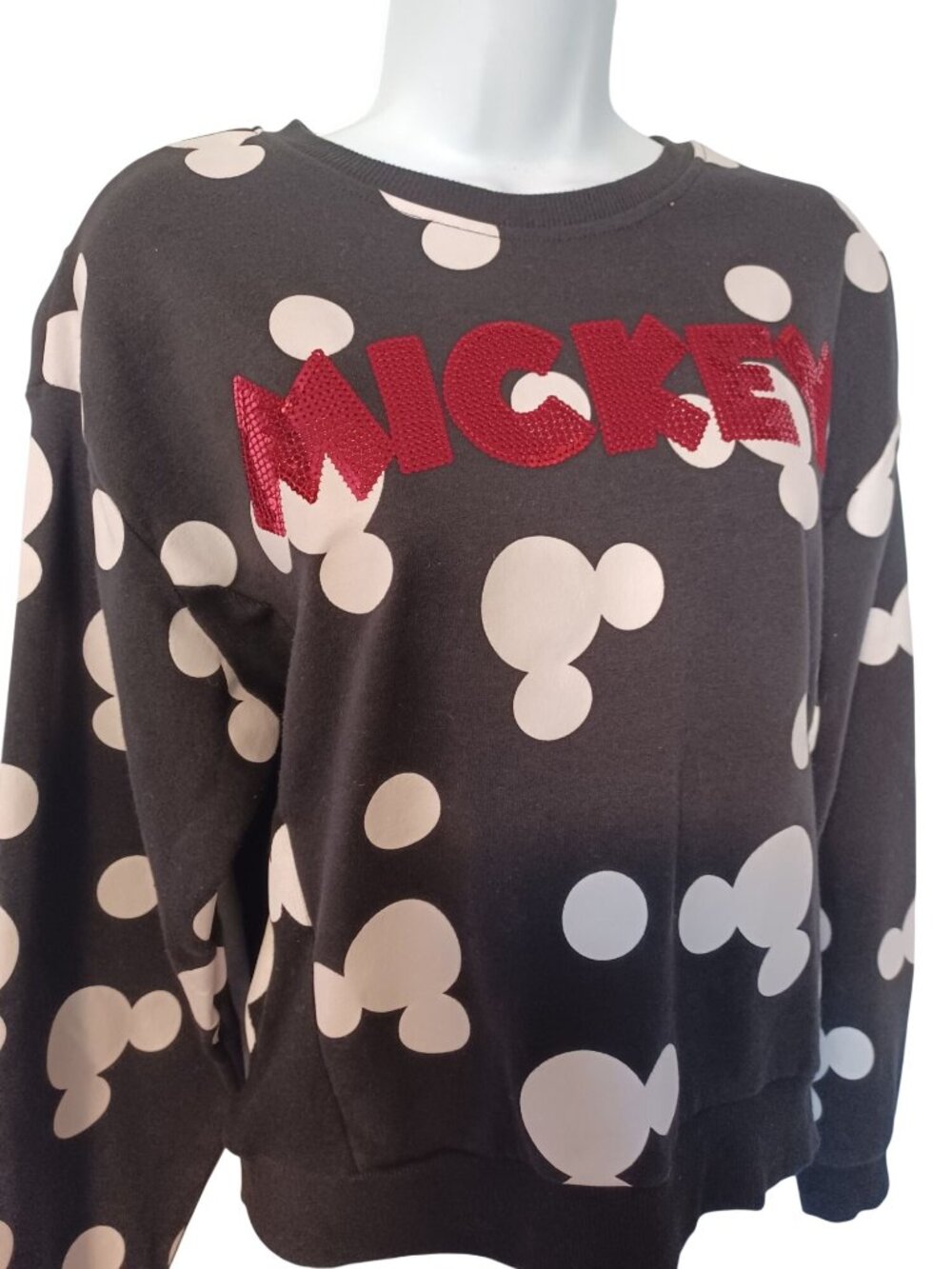 Disney Mickey Mouse Crewneck Top Black Pullover Light Sequin Sweatshirt Women  L